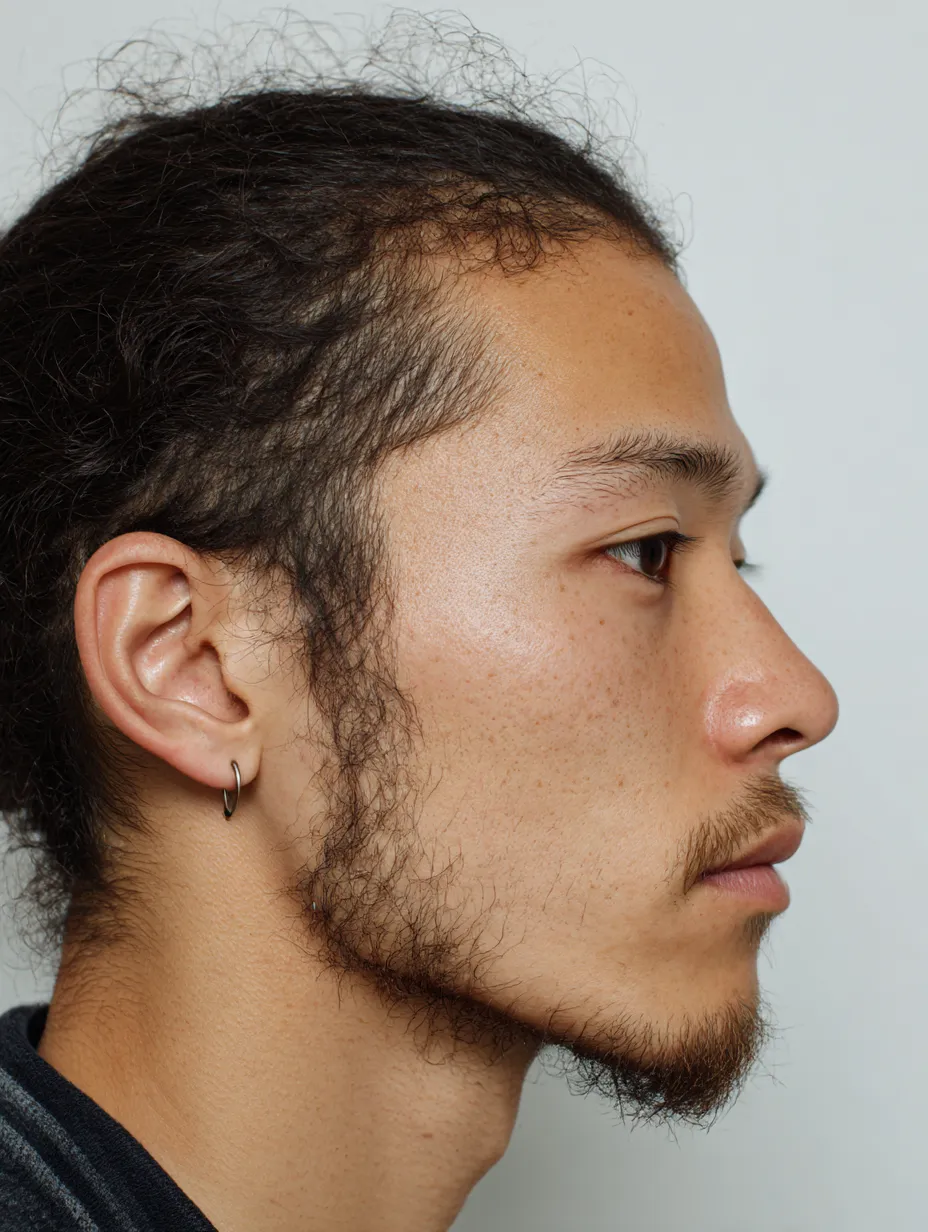 横顔イケメンと揺れる髪｜横顔イケメンの輪郭を際立たせる髪の流れが印象的で、柔らかい陰影が立体感を演出する。自然な造形が美しく表現されている。