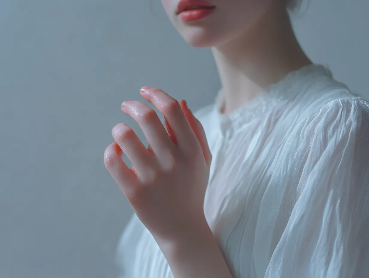 光に透ける女性の手｜淡い光を浴びて浮かび上がる女性の手は、透き通る質感と柔らかな影が魅力的。白い衣装の繊細なシワと調和し、静謐な空気感を演出している。