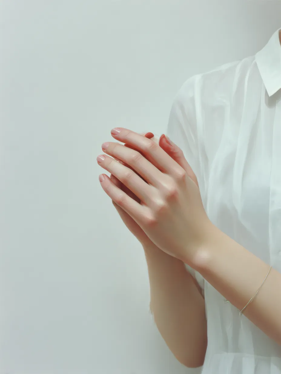 重ねられた女性の手｜前方にそっと重ねられた女性の手は、光の中で細やかな陰影を帯びる。整った指先と白い衣装の明るさが画面全体を清らかにまとめている。