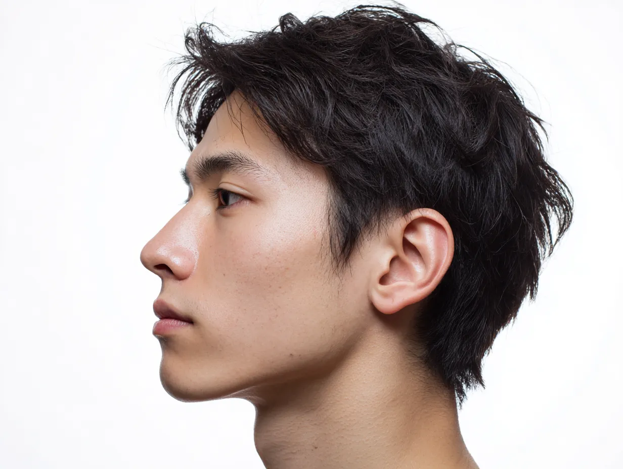 横顔イケメンの静かな眼差し｜横顔イケメンの目線が真っ直ぐに抜け、静けさと強さを感じさせる構図。端正な鼻筋とシャープな顎のラインが際立って見える。