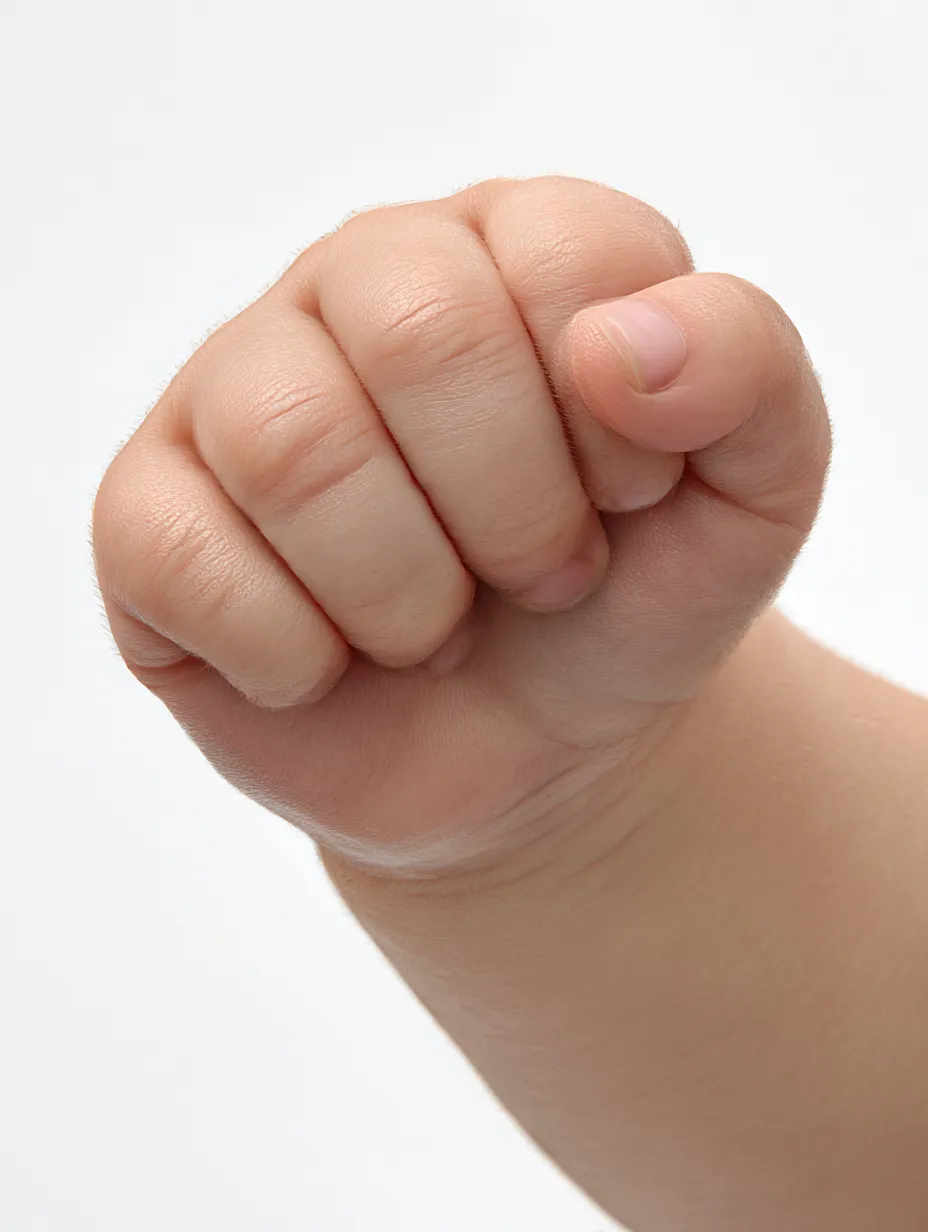 幼いグーの手｜小さな子供のグーの手は、丸みを帯びた柔らかさと肌の滑らかさが特徴的。背景の白と調和し、無垢で温かな印象を与えている。