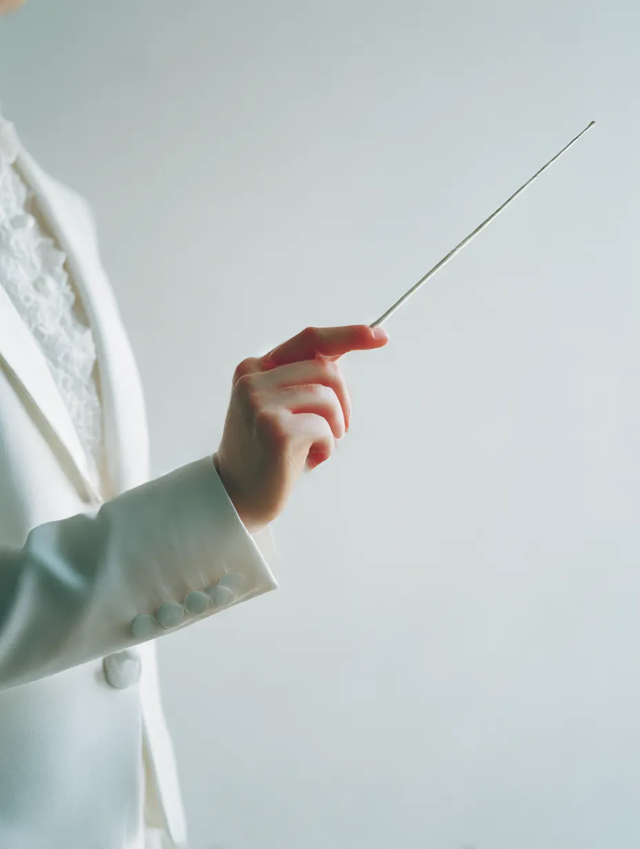 指揮者の棒を持つ手｜白い衣装に包まれた腕から伸びる棒を持つ手が、静かな背景に浮かび上がる。繊細な指先の配置が音楽を導く気配を漂わせ、ポーズ全体が緊張感と優雅さを兼ね備えた表現となっている。