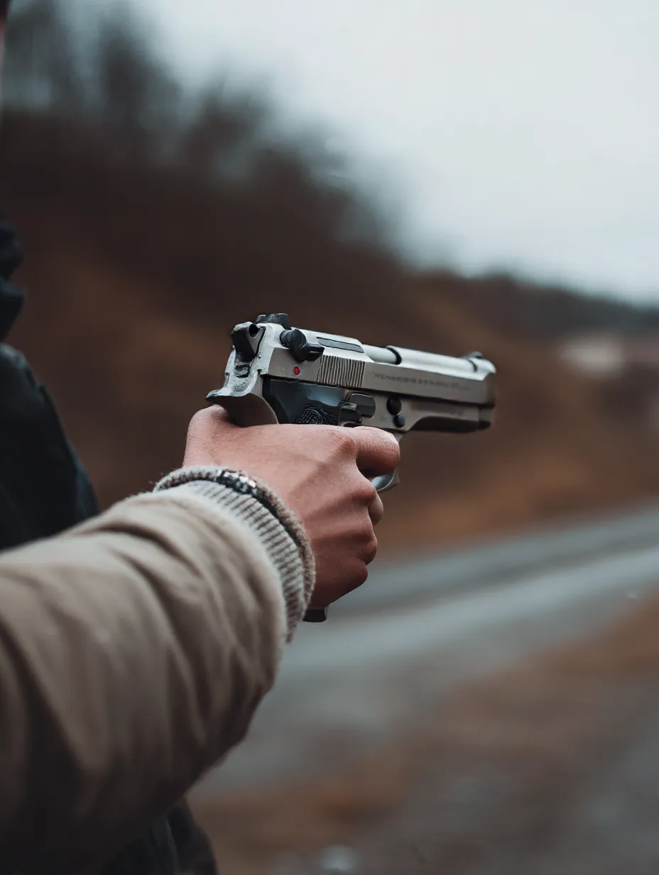 静寂に銃を持つ手｜灰色の空と荒れた背景に浮かぶ銃を持つ手は、鋭い緊張感を漂わせる。冷たい金属の質感と袖口の布の柔らかさが対比を生み、構図全体に静かな迫力を宿している。