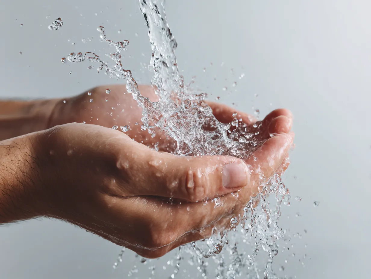 水を受けるすくう手｜しぶきを上げながら流れ落ちる水を受け止めるすくう手は、透明な滴が跳ねる瞬間をとらえている。力強さと繊細さが共存し、生命感あふれる描写となっている。