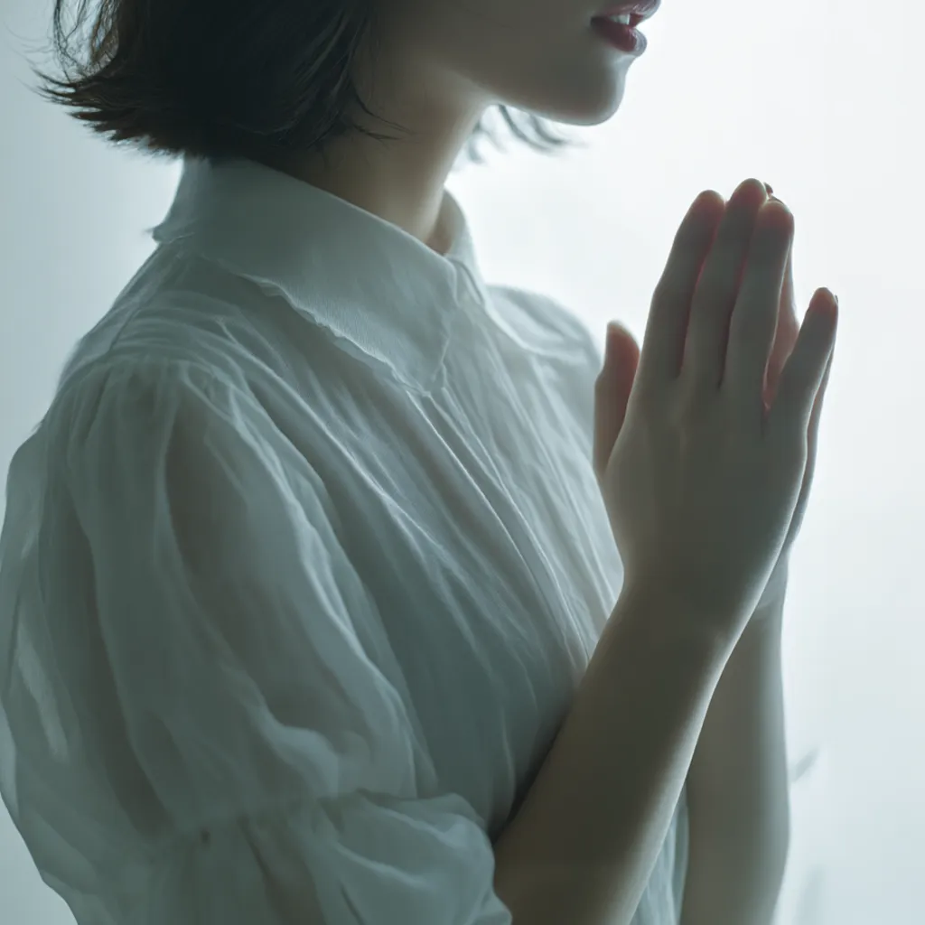 祈りを込めて手を合わせる｜透き通る光に照らされた横顔と手を合わせる姿が、静謐な雰囲気を生む。白い衣服の柔らかさが、内面の祈りや願いを映すように構図全体に溶け込んでいる。