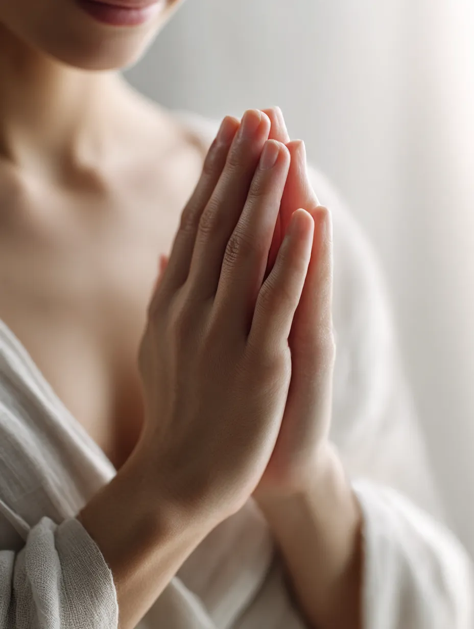 微笑み添える手を合わせる｜光に包まれた姿勢とほのかな笑みが、手を合わせる仕草に寄り添う。肌の滑らかな質感と衣服の布地が調和し、神聖さと人間味を併せ持つ表現となっている。
