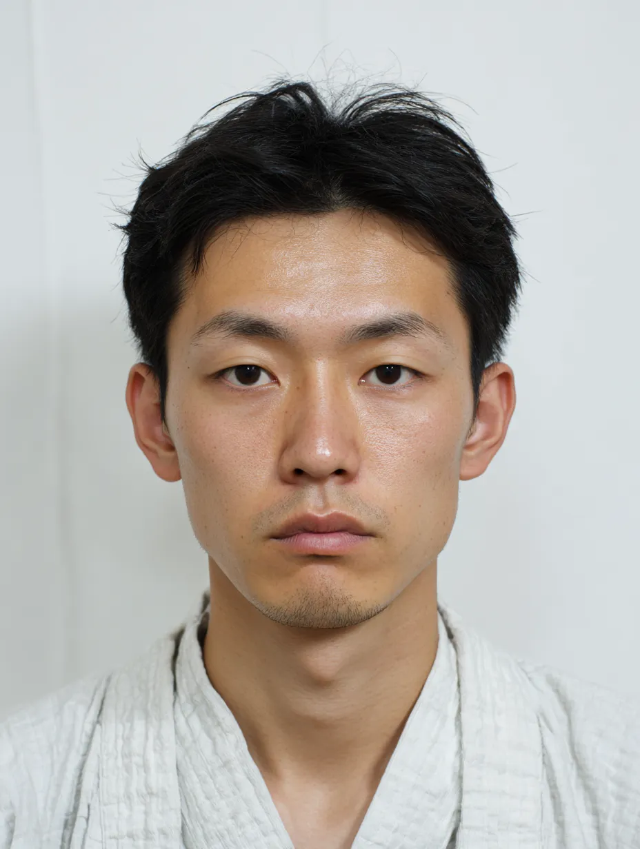 男性顔写真の輪郭｜直線的で引き締まった顎が印象的な男性の顔写真は、淡白な表情と衣装の簡素さが相まって、イラストでは輪郭のシャープさを強調する効果がある。