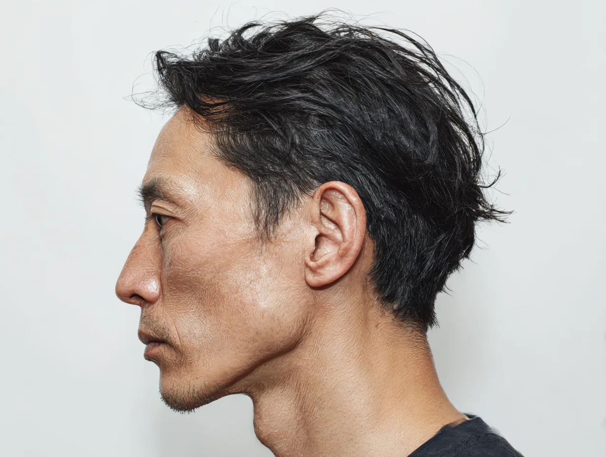 横顔イケメンの刻まれた表情｜横顔イケメンの顔には年輪を重ねたような質感が刻まれ、深みを帯びた印象を与える。力強い顎の形が構図に重厚さを加えている。