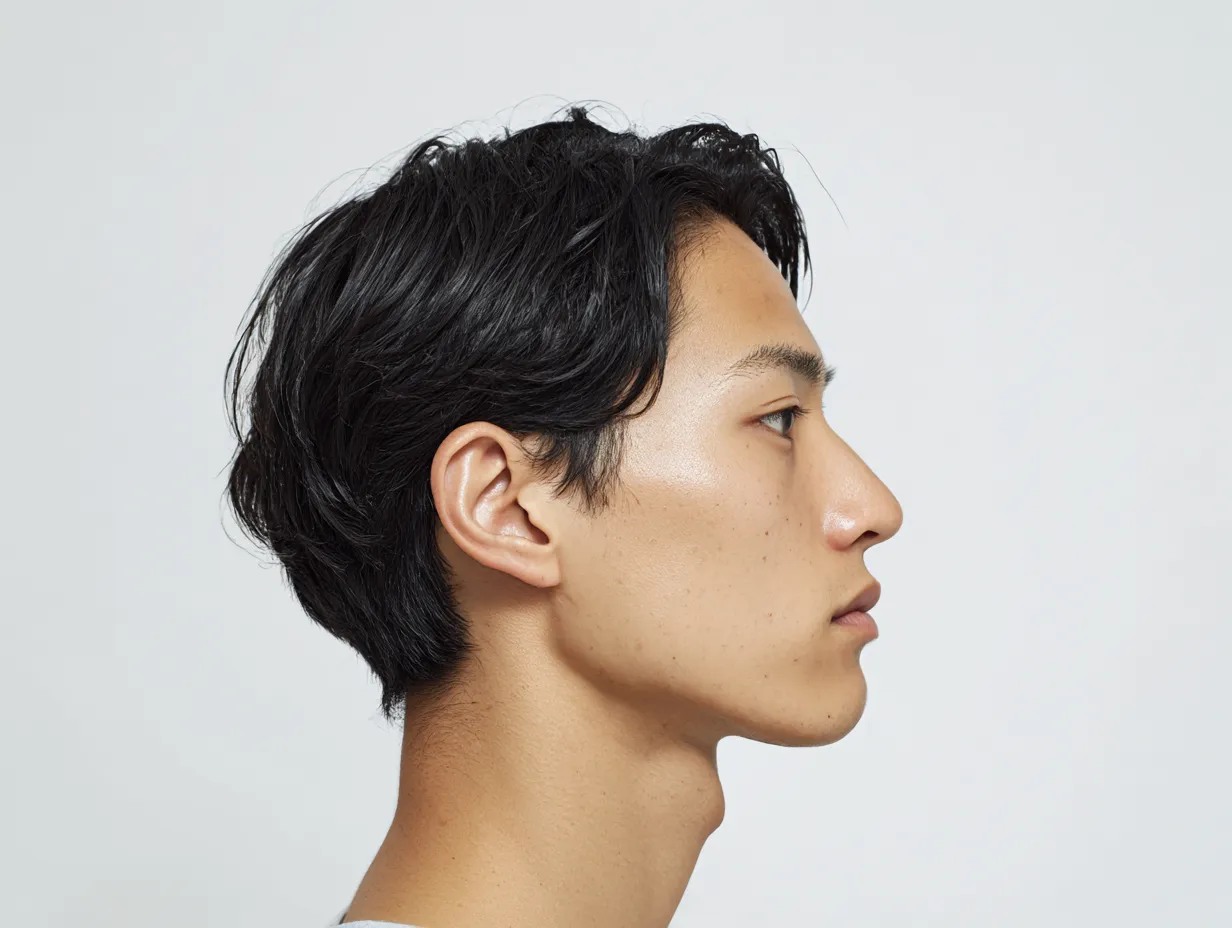横顔イケメンの端正な輪郭｜横顔イケメンの整った輪郭が画面いっぱいに映え、均整の取れた顔立ちが際立つ。シンプルな色調がその美しさを一層強調している。