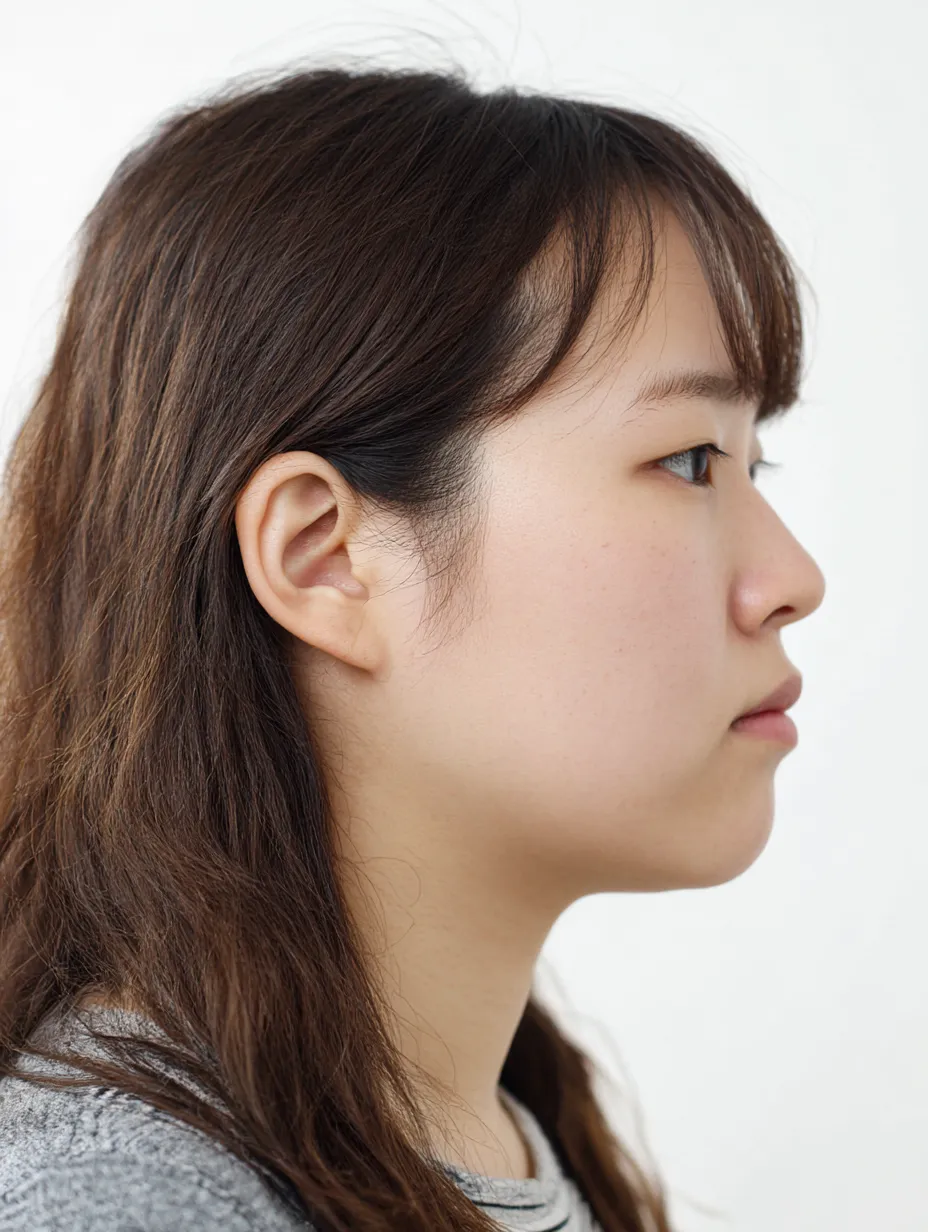 横顔ブサイクと静かな横目｜横顔ブサイクの特徴が横目の視線とともに描かれ、真横に伸びるラインが強調されている。髪の自然な流れが無表情の雰囲気を引き立てる構図となっている。