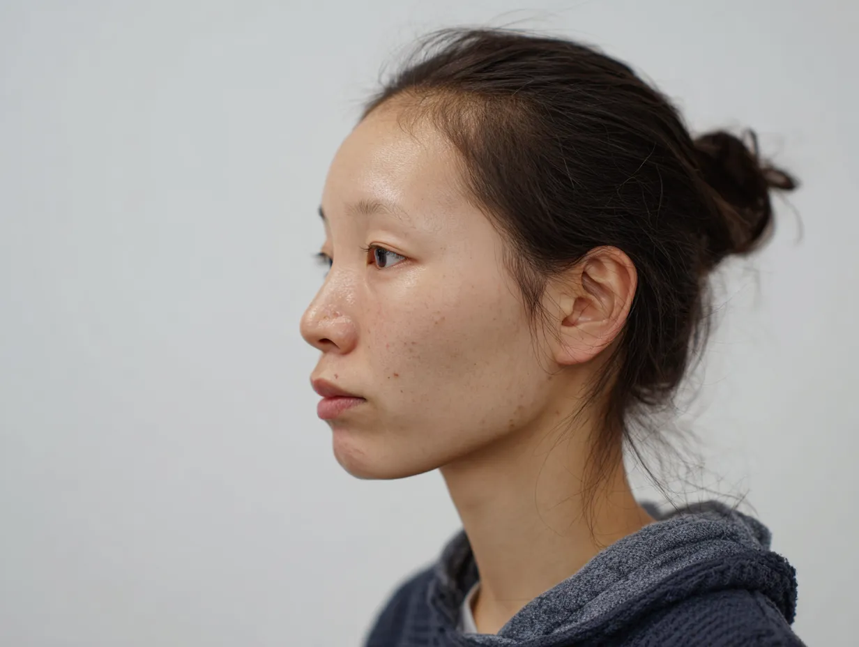 横顔ブサイクと揺れる前髪｜横顔ブサイクを構成する要素として、前髪の流れが視線を導き、顔の輪郭を引き立てる。控えめな眼差しと合わせて静かな印象を漂わせている。
