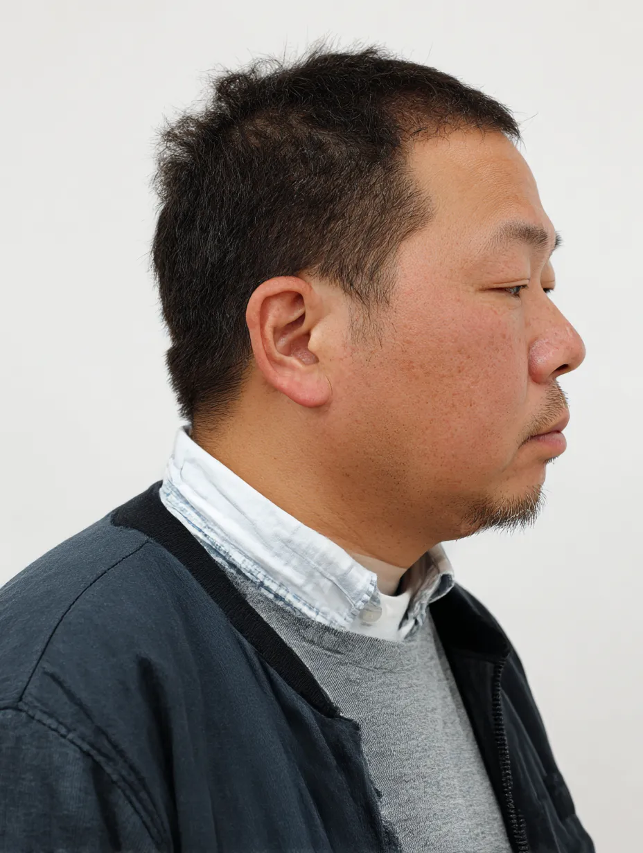 横顔ブサイク男の静けさ｜横顔ブサイク男の佇まいが画面全体を占め、首筋から顎のラインにかけての重さが強調されている。余計な演出を排し、人物の存在感のみで迫る構図が印象を残す。