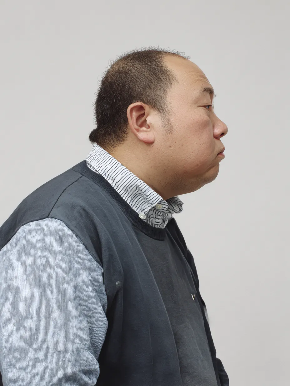 横顔ブサイク男の硬直｜横顔ブサイク男の姿はやや硬直した印象を持ち、口元の閉じ方や頬の膨らみが緊張感を演出する。正面では伝わらない不格好さが横顔で強く浮かび上がる。