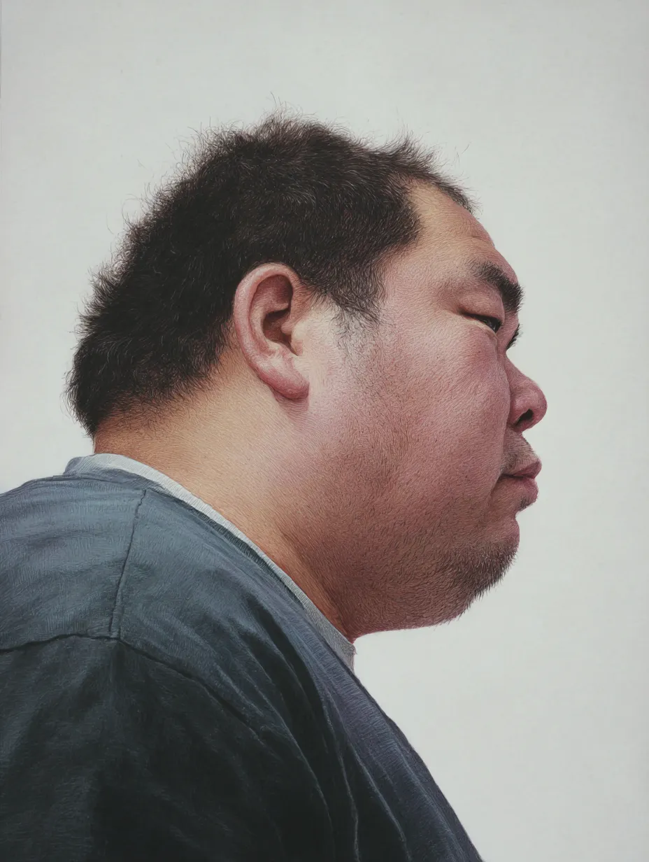 横顔ブサイク男の厚み｜横顔ブサイク男の顎から首にかけてのラインは滑らかではなく、肉付きの厚みがそのまま描き出されている。横顔特有の重苦しい印象が画面全体に響く。