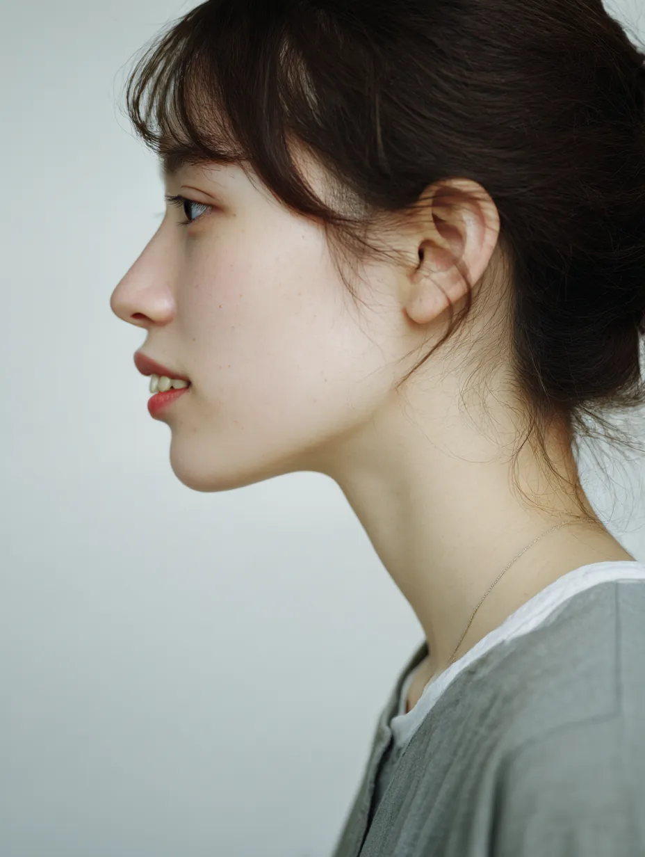 横顔出っ歯の柔光｜横顔出っ歯を淡い光が優しく照らし、顔の曲線が滑らかに浮かび上がる。口元の特徴と首筋のラインが調和し、イラスト全体に清潔感と品のある柔らかさを与えている。