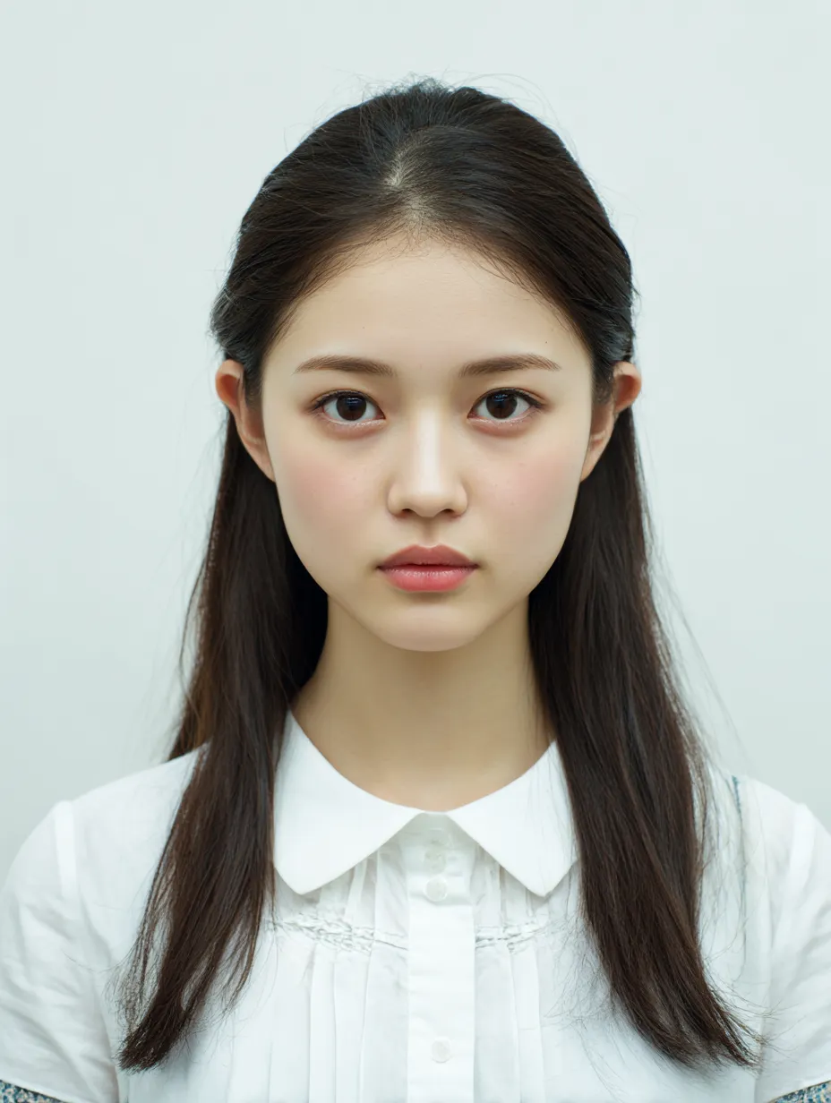 女性顔写真の透明感｜透き通るような瞳と白い肌が印象的な女性の顔写真は、清潔感ある衣装と調和し、イラスト表現において透明感を強調する構図を示している。