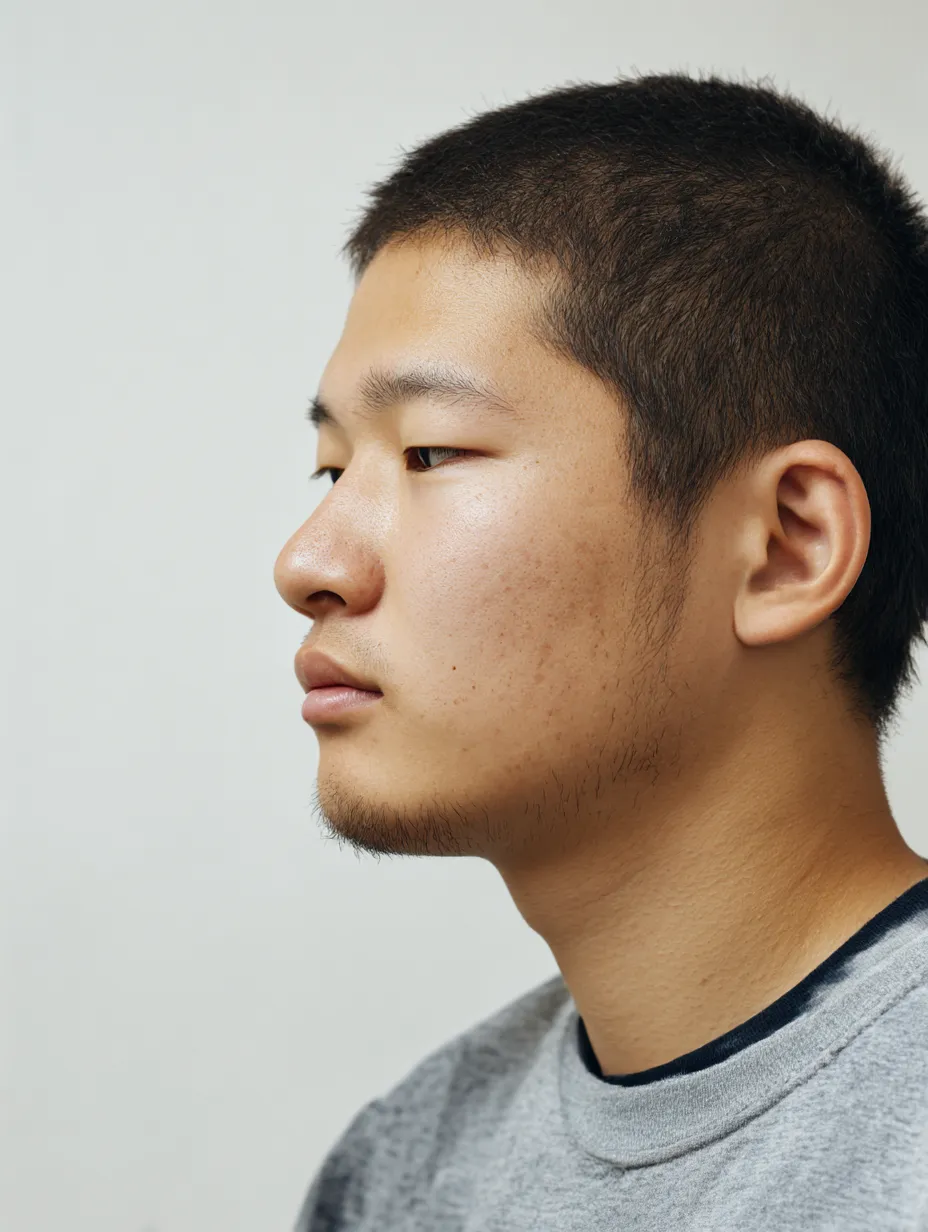 横顔の穏やか平たい形｜若い男性の横顔に柔らかさが漂い、平たい造形が控えめな存在感を見せる。光の当たり具合で温かさを表現。