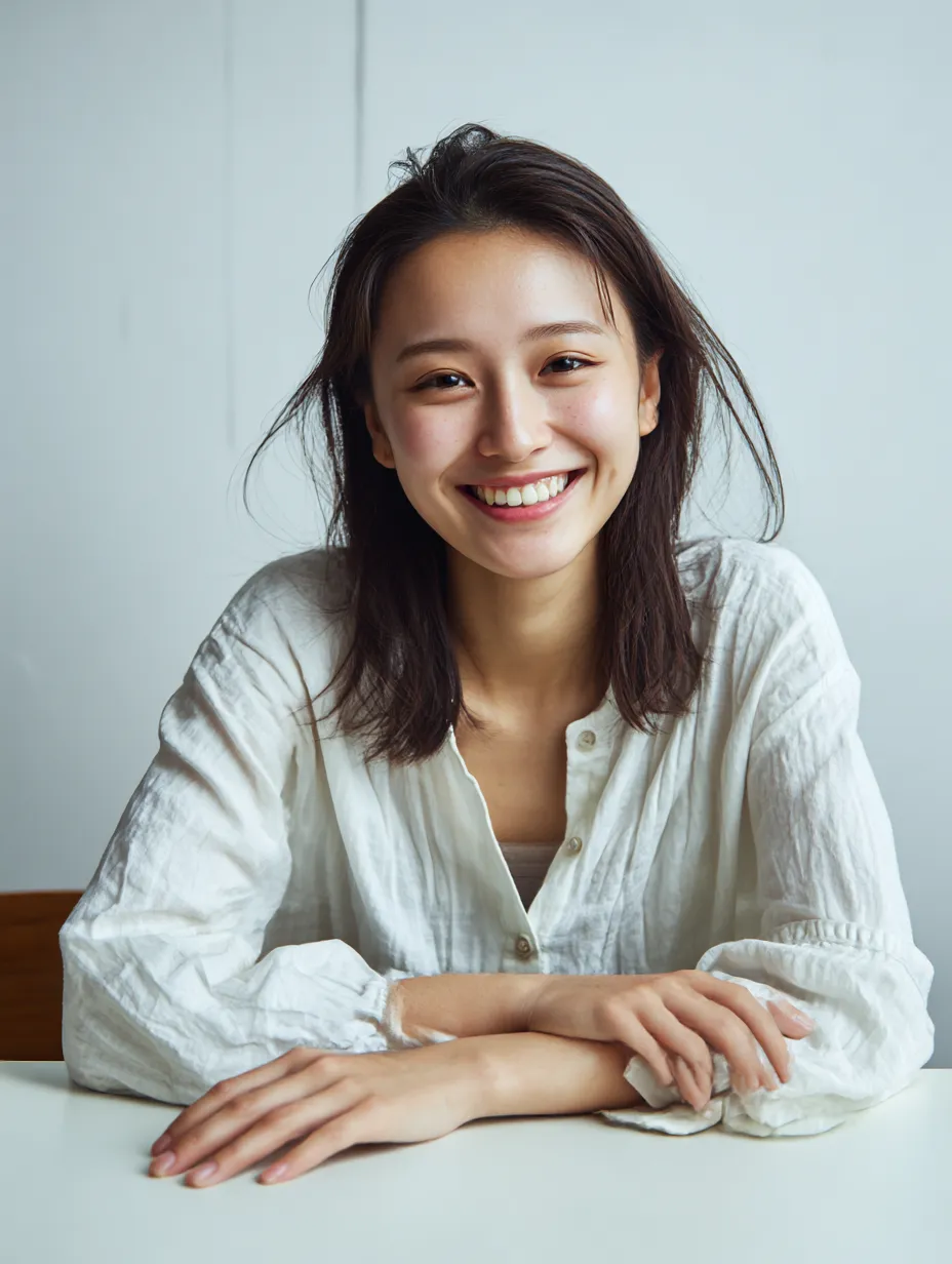 笑顔女性の机越し｜笑顔女性が机に手を置き、正面から柔らかく見つめる姿が描かれる。開放感のある表情が空間を和ませ、清潔な白い衣服と調和している。
