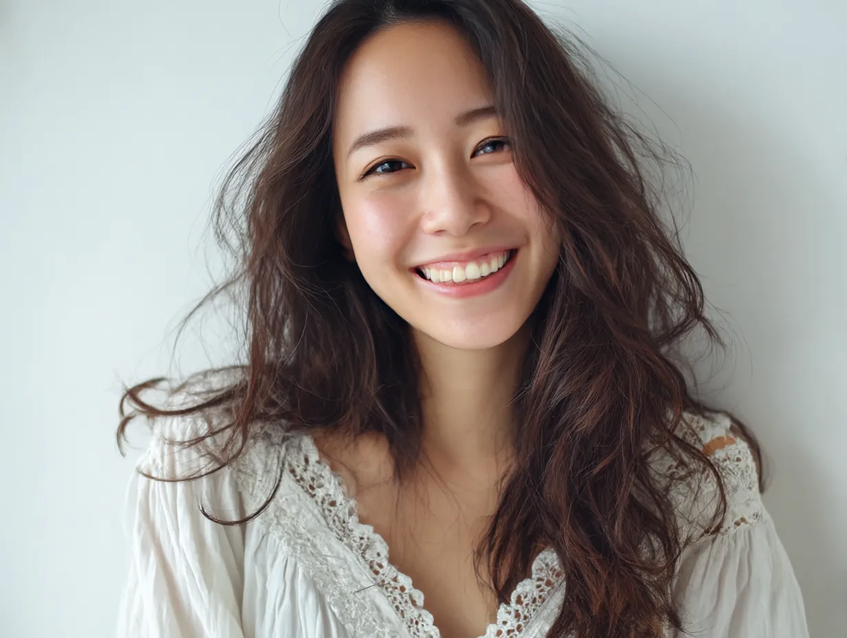 笑顔女性の柔髪｜笑顔女性が少し乱れた髪をそのままに見せる構図。髪の動きと柔らかな笑みが調和し、無邪気で温かい印象を画面に残している。