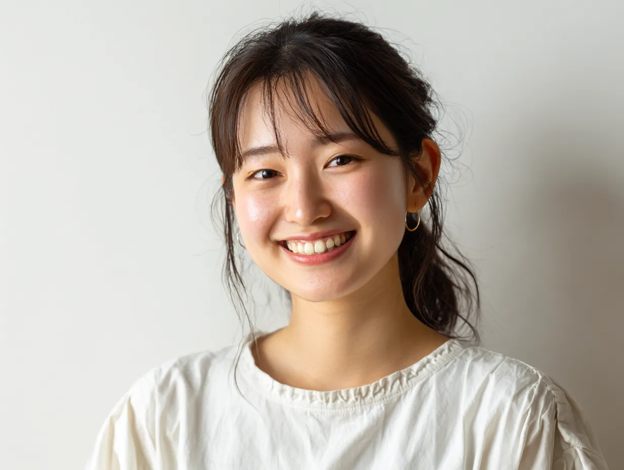 笑顔女性の静かな輝き｜笑顔女性が淡い光を浴び、落ち着いた姿勢で微笑む姿。背景の簡素さと衣装の白さが調和し、表情の明るさをより鮮やかに見せている。
