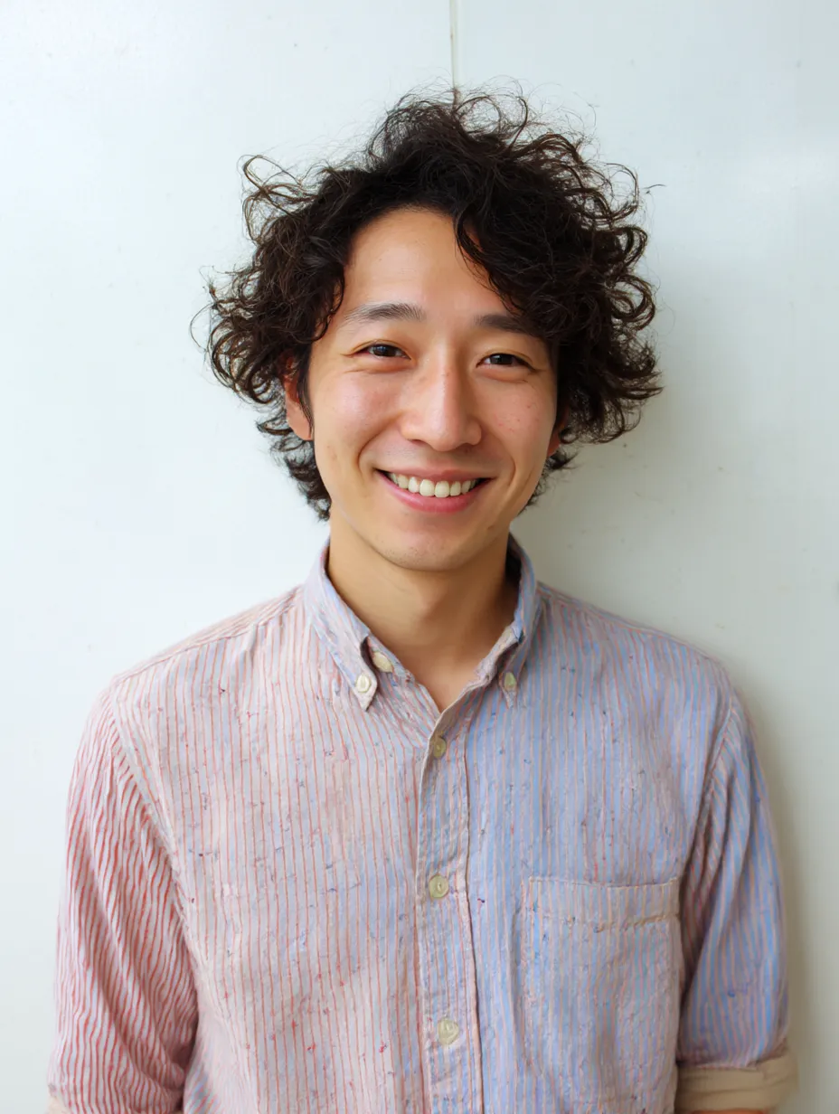 笑顔男性の柔らかな光｜白い壁を背景に立つ笑顔男性。カジュアルなシャツの淡い色合いと柔らかな光が表情を際立たせ、自然体の温かさが強調されている構図。