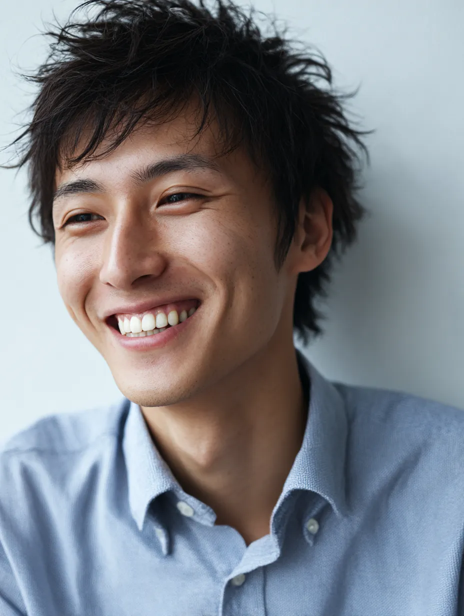 笑顔男性の横顔の輝き｜横を向いた笑顔男性が印象的。淡いブルーのシャツと光の差し込みで、明るさと爽やかさが際立ち、視線の流れが優雅に表現されている。