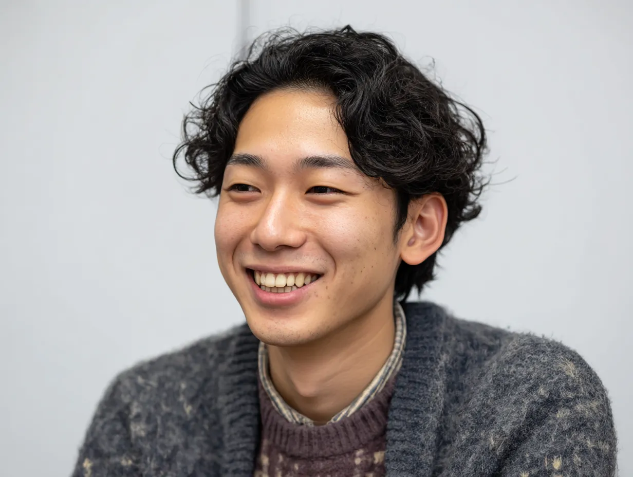 笑顔男性の温もり漂う瞬間｜セーター姿の笑顔男性。落ち着いた配色と優しい横顔が柔らかな雰囲気を生み出し、温もりを感じさせる穏やかな表現となっている。
