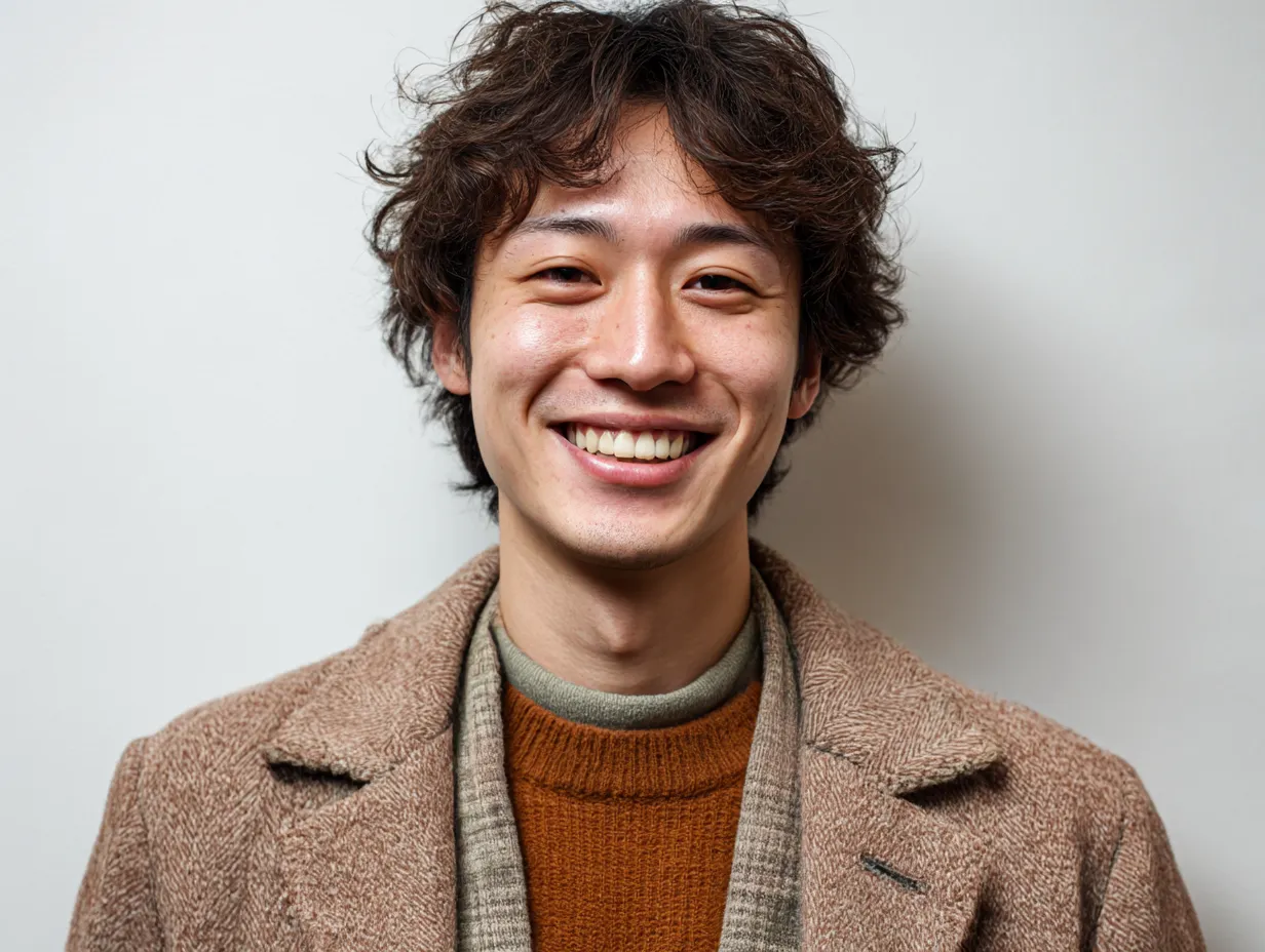 笑顔男性の秋色スタイル｜ブラウンのコートを纏う笑顔男性。秋色の重なりと背景のシンプルさが調和し、季節感と明るい笑顔が調和した印象を与える。