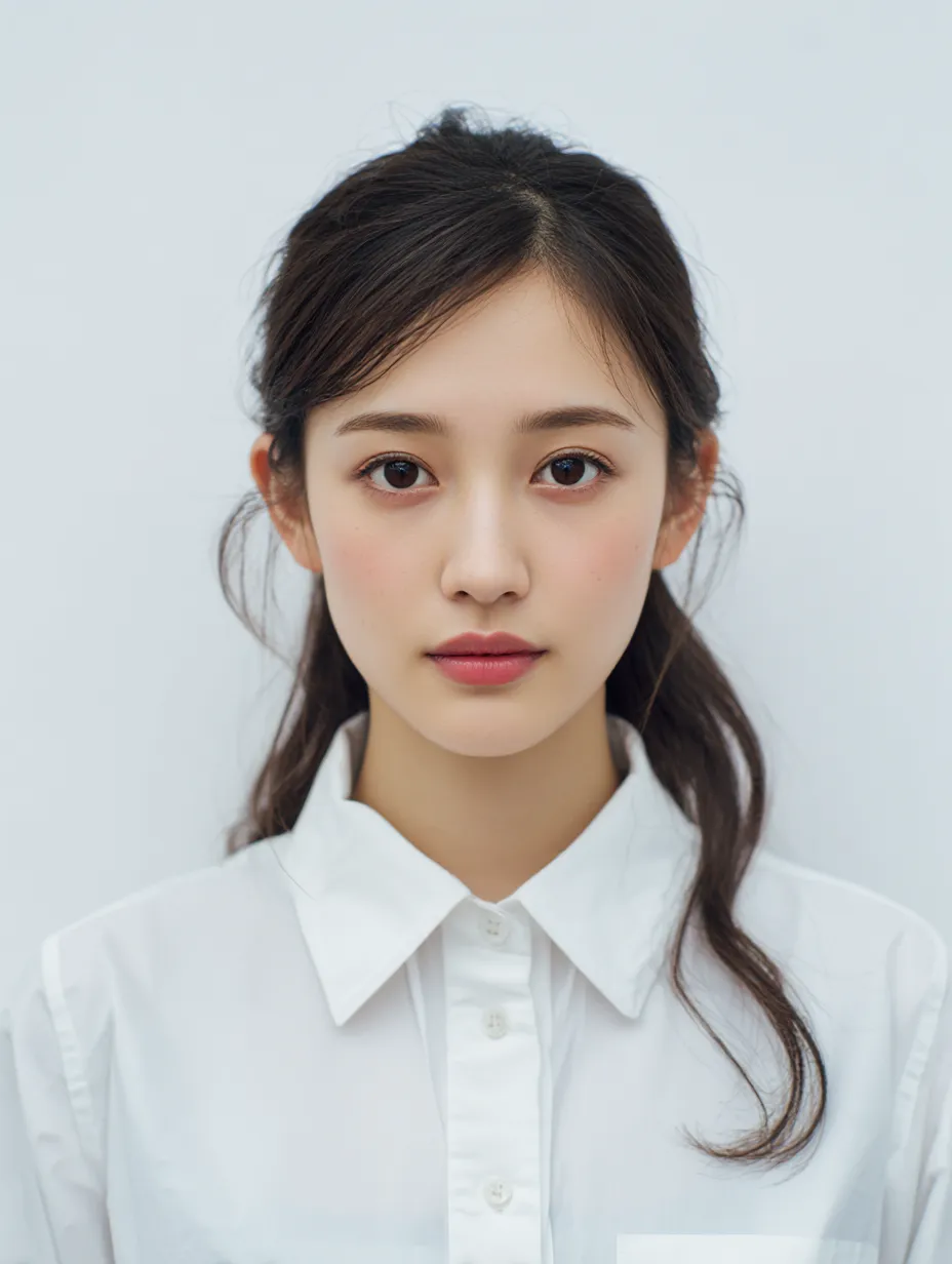 女性顔写真の均衡｜白いシャツを纏った女性の顔写真は、均整の取れた配置の中に穏やかさを宿し、イラスト表現において全体の均衡を重視する見せ方となる。
