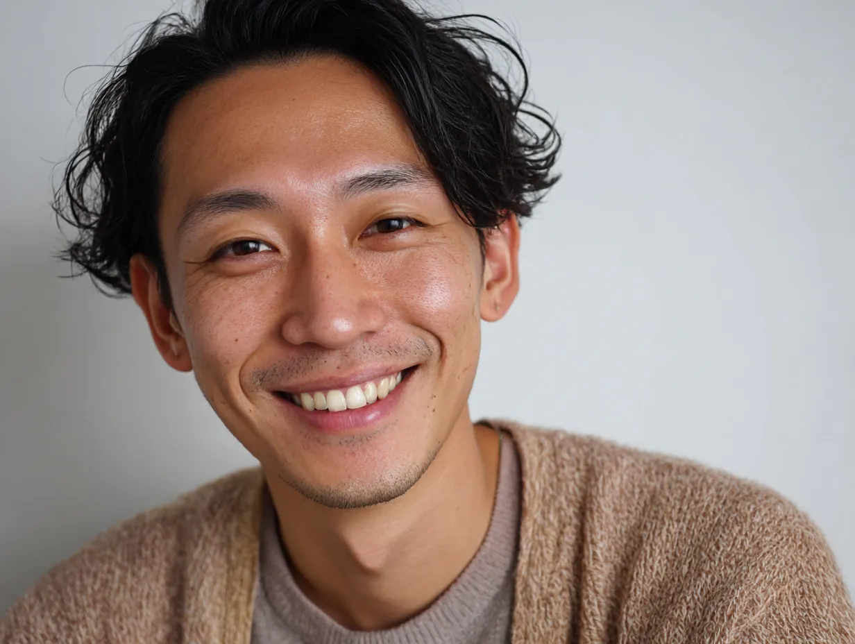 笑顔男性の落ち着きある眼差し｜カーディガンを羽織った笑顔男性。淡い色調と穏やかな視線が調和し、落ち着きと温かさを同時に伝える構図に仕上がっている。