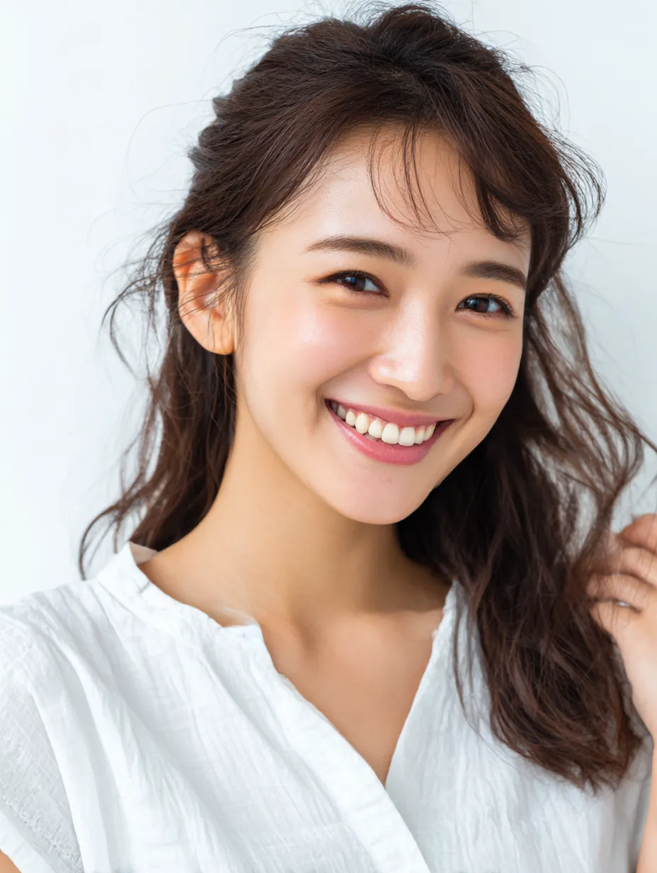 笑顔美人の柔光｜笑顔美人が髪を軽く整えながら見せる表情。明るい光に包まれた笑顔が可憐に映え、柔らかな仕草がイラスト全体の印象を和らげている。