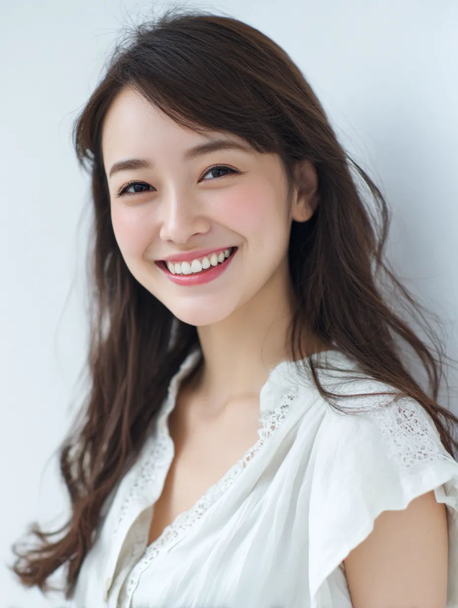 笑顔美人の優雅さ｜笑顔美人が長い髪を揺らし、レースの白衣装とともに映し出される。頬の赤みと輝く瞳が調和し、イラストに華やかな余韻を与えている。