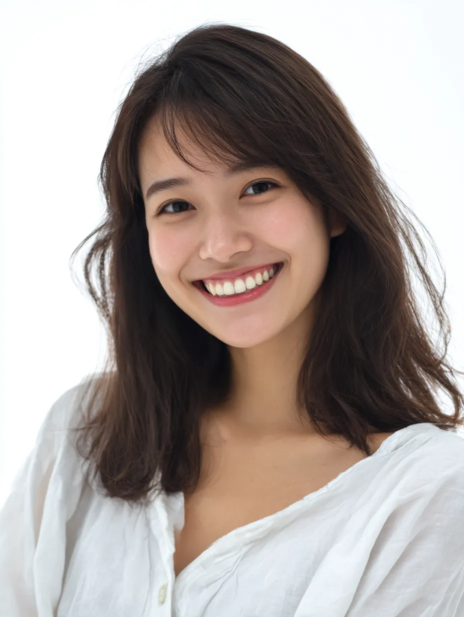 笑顔美人の純白｜笑顔美人がシンプルな白衣装とともに正面を向き、清らかな笑みを浮かべる。背景の明るさが口元を際立たせ、純粋な魅力が強調されている。