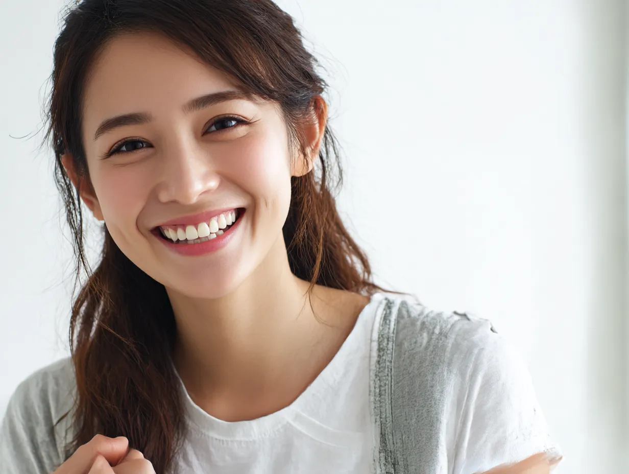 笑顔美人の清楚感｜笑顔美人が自然な仕草で振り向き、清楚な印象を放っている。柔らかな光が輪郭をなぞり、整った表情に穏やかさと優しさが広がっている。