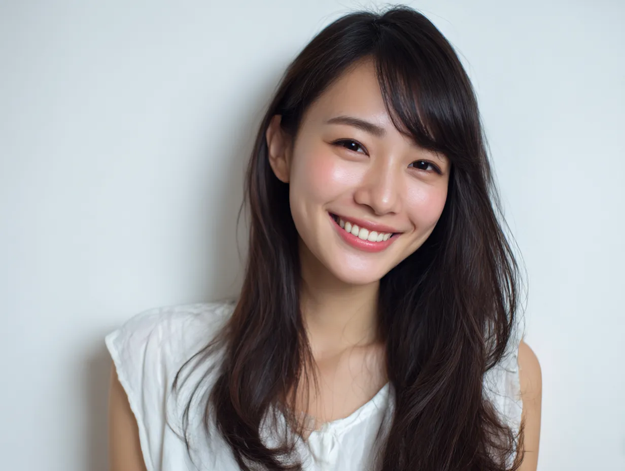 笑顔美人の気品｜笑顔美人が落ち着いた姿勢で前を向き、端正な笑顔を見せる。髪の流れと光の反射が繊細に重なり、イラストに気品ある美しさを添えている。