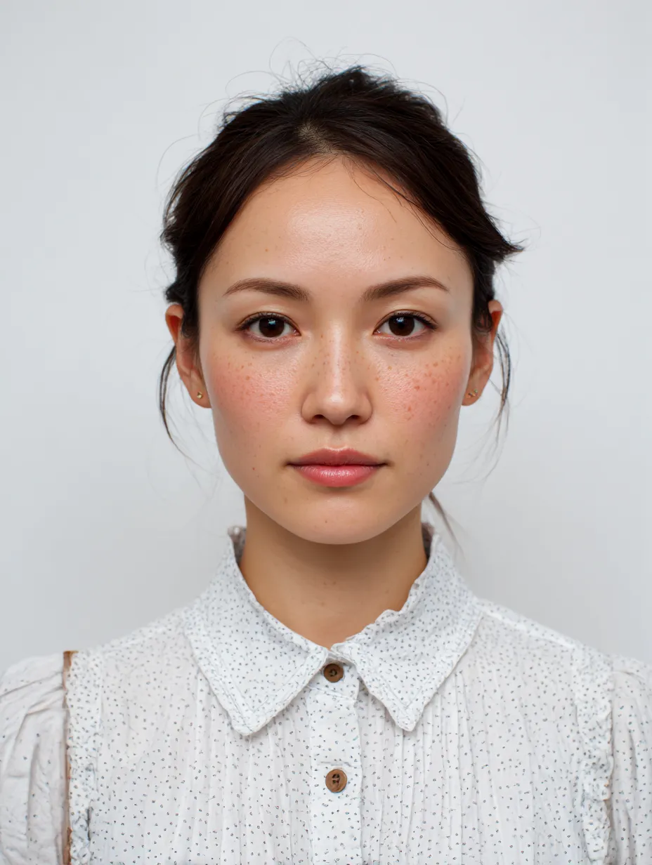 女性顔写真の自然美｜そばかすが浮かぶ女性の顔写真は、飾らない自然さと穏やかな視線が特徴で、イラストでは素朴な美しさを表現する魅力が生きている。