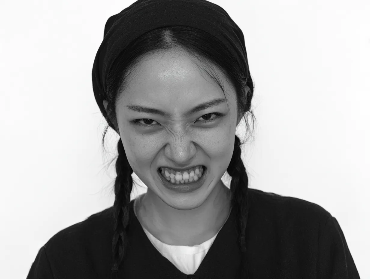 笑顔ブサイク気持ち悪い03｜笑顔ブサイクの女性が眉を寄せ歯をむき出しにし、気持ち悪い迫力を見せる。モノクロ表現がその凄みを増幅させ、コミカルさと不快感がせめぎ合うような仕上がりになっている。