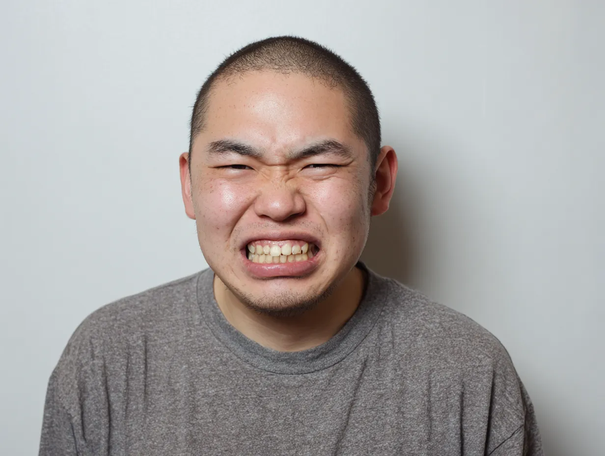 笑顔ブサイク気持ち悪い05｜笑顔ブサイクの男性が歯を食いしばるようにして笑い、気持ち悪い印象を漂わせる。額や目元に寄ったしわが強調され、不自然さと独特な存在感が画面に濃厚に残る。
