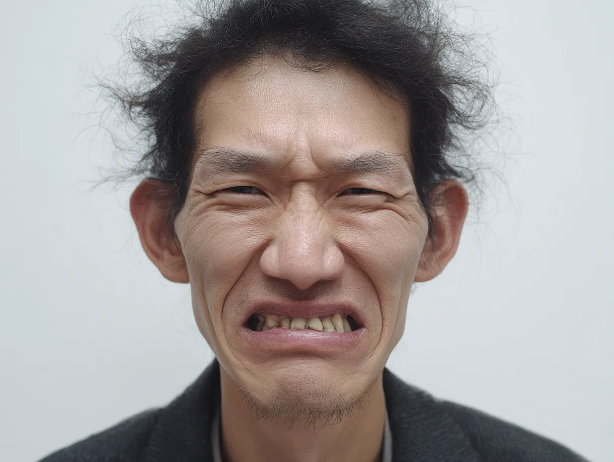 笑顔ブサイク気持ち悪い06｜笑顔ブサイクの男性が顔を強く歪め、気持ち悪い違和感を際立たせている。髪の乱れや深い表情のしわが重なり合い、見る者に不安と奇妙な印象を与える構図となっている。