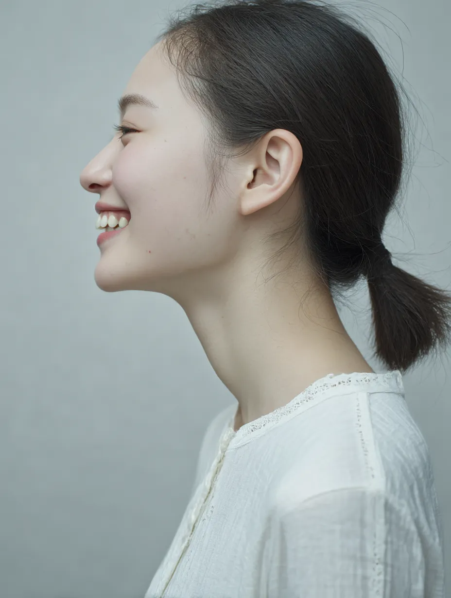 横顔笑顔の余韻｜女性モデルが見せる横顔笑顔は、首筋のラインとシンプルな服装が清楚な印象を強調。自然光が穏やかに雰囲気を包み込む。