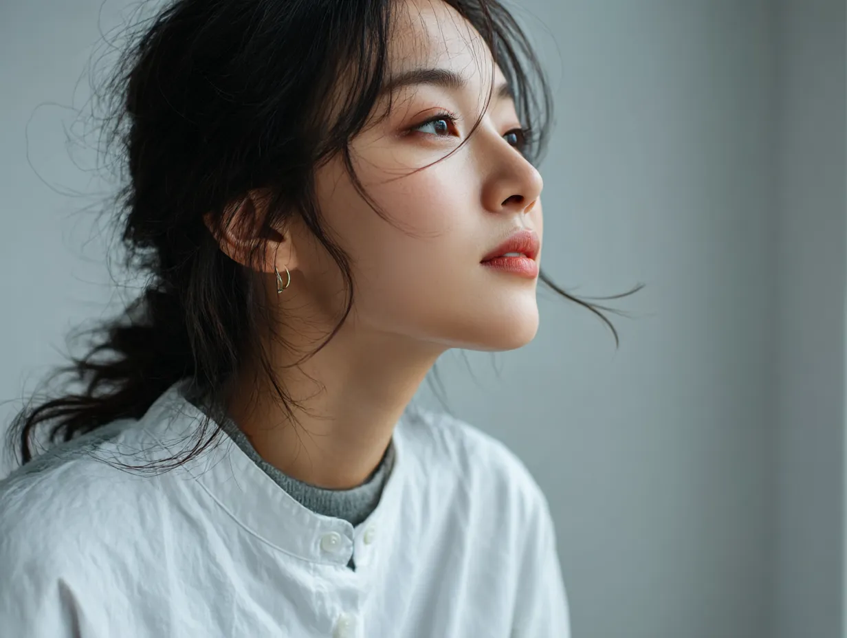 横顔美人の綺麗な余韻｜柔らかな髪の揺らぎと澄んだ瞳が印象的な横顔美人の綺麗な姿は、白い衣装と光の反射が相まって清らかな余韻を漂わせている。