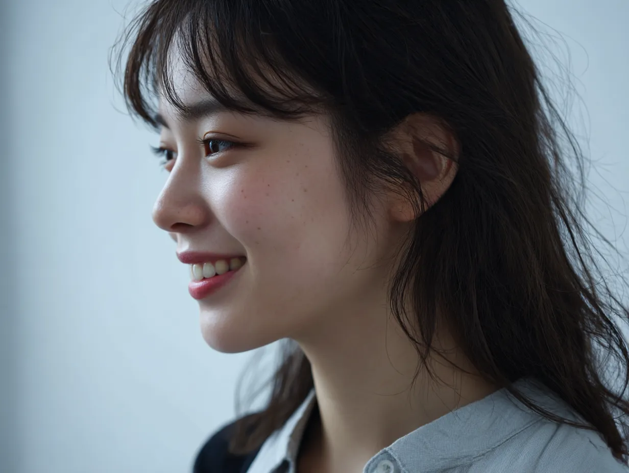 横顔笑顔の透明感｜女性モデルの横顔笑顔は、素朴な装いと穏やかな目元が調和。ポーズ全体が清らかで澄んだ雰囲気を自然に伝えている。
