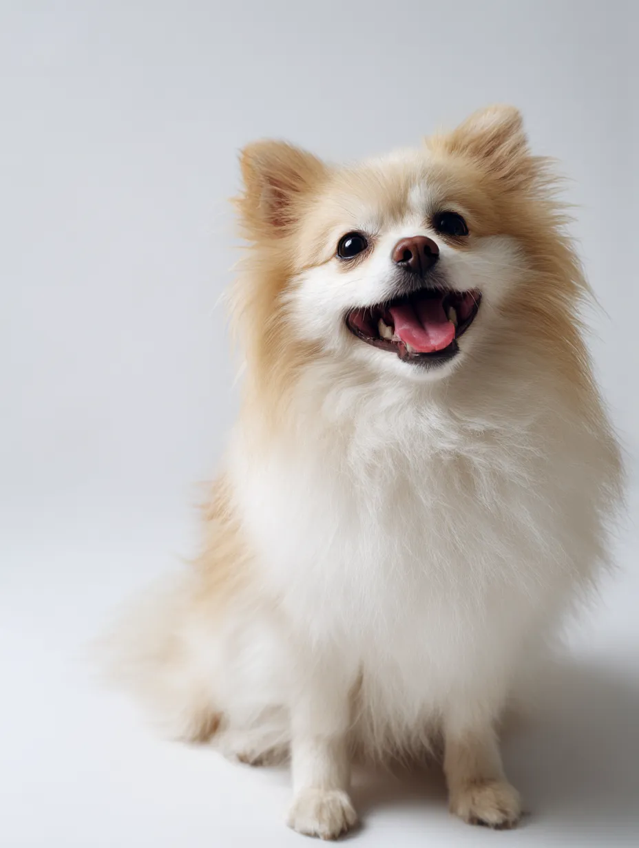 犬笑顔のふわり｜小型犬の犬笑顔が白背景に映え、毛並みの柔らかさと舌を出した表情が愛らしさを強調。視線が正面を捉え温かさを感じさせる。