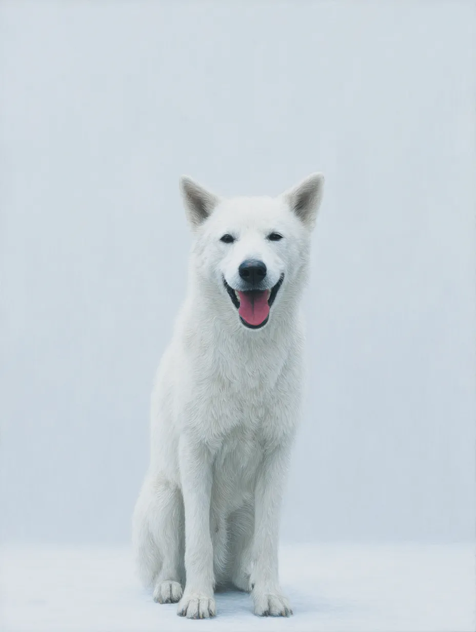犬笑顔の静寂｜白い犬の犬笑顔が広がる画面は余白が際立ち、舌の赤がアクセント。凛とした姿勢が清らかな雰囲気を描き出している。