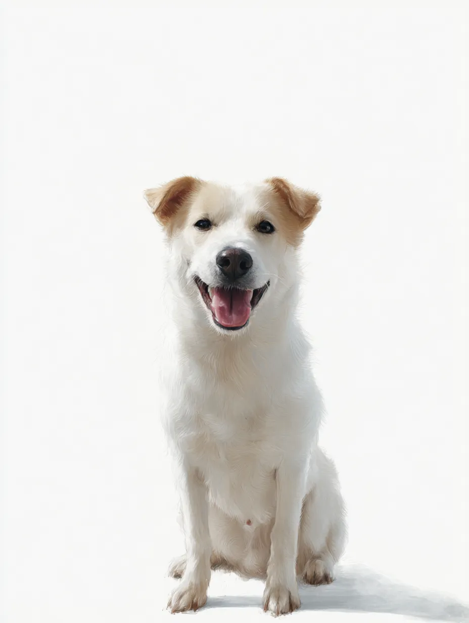犬笑顔の優しさ｜淡い毛色の犬笑顔が自然光に包まれ、穏やかな眼差しと座る姿が安心感を醸す。柔らかい陰影が静かな温もりを伝える。