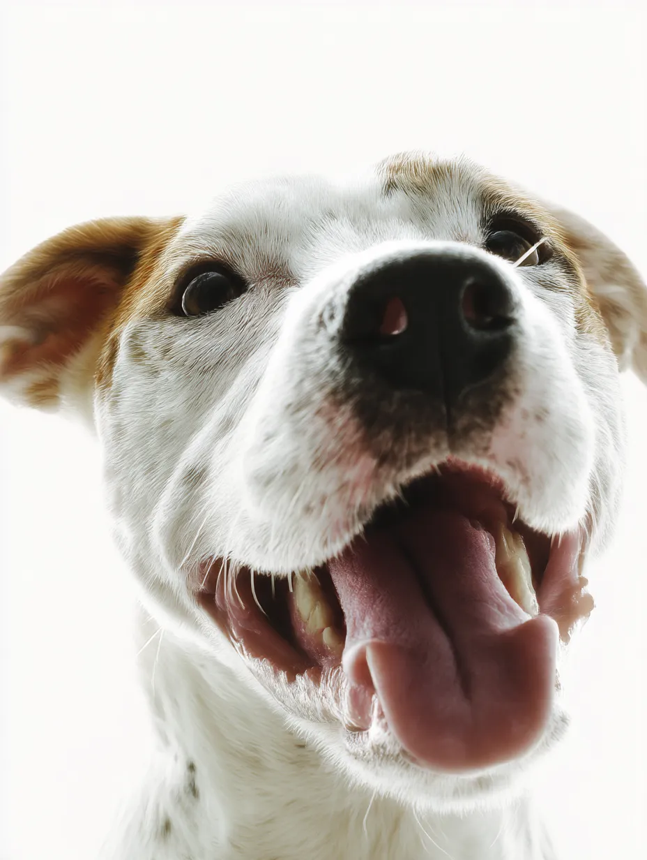 犬笑顔の迫力｜犬笑顔をクローズアップで切り取った構図。大きく開いた口と舌の存在感が強調され、画面に迫る勢いが生き生きと響く。