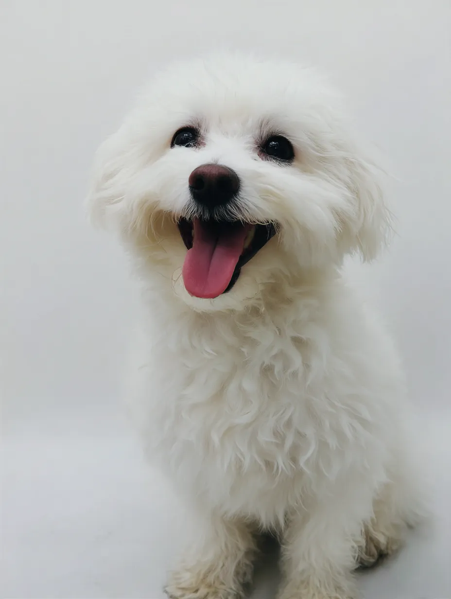 犬笑顔の純白｜真っ白な犬笑顔が背景と同化し、輪郭が浮かび上がるように描かれる。舌の鮮やかさが画面に生命感を与える表現となる。