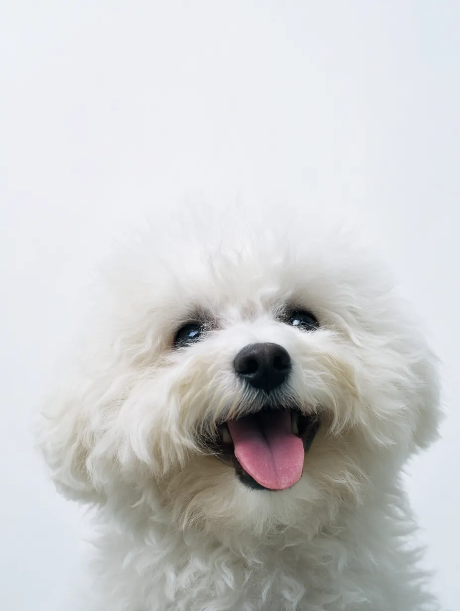 犬笑顔の柔毛｜ふわふわとした毛並みの犬笑顔が前面に広がり、黒い瞳と舌の彩りが際立つ。軽やかな質感が愛嬌を引き立てている。
