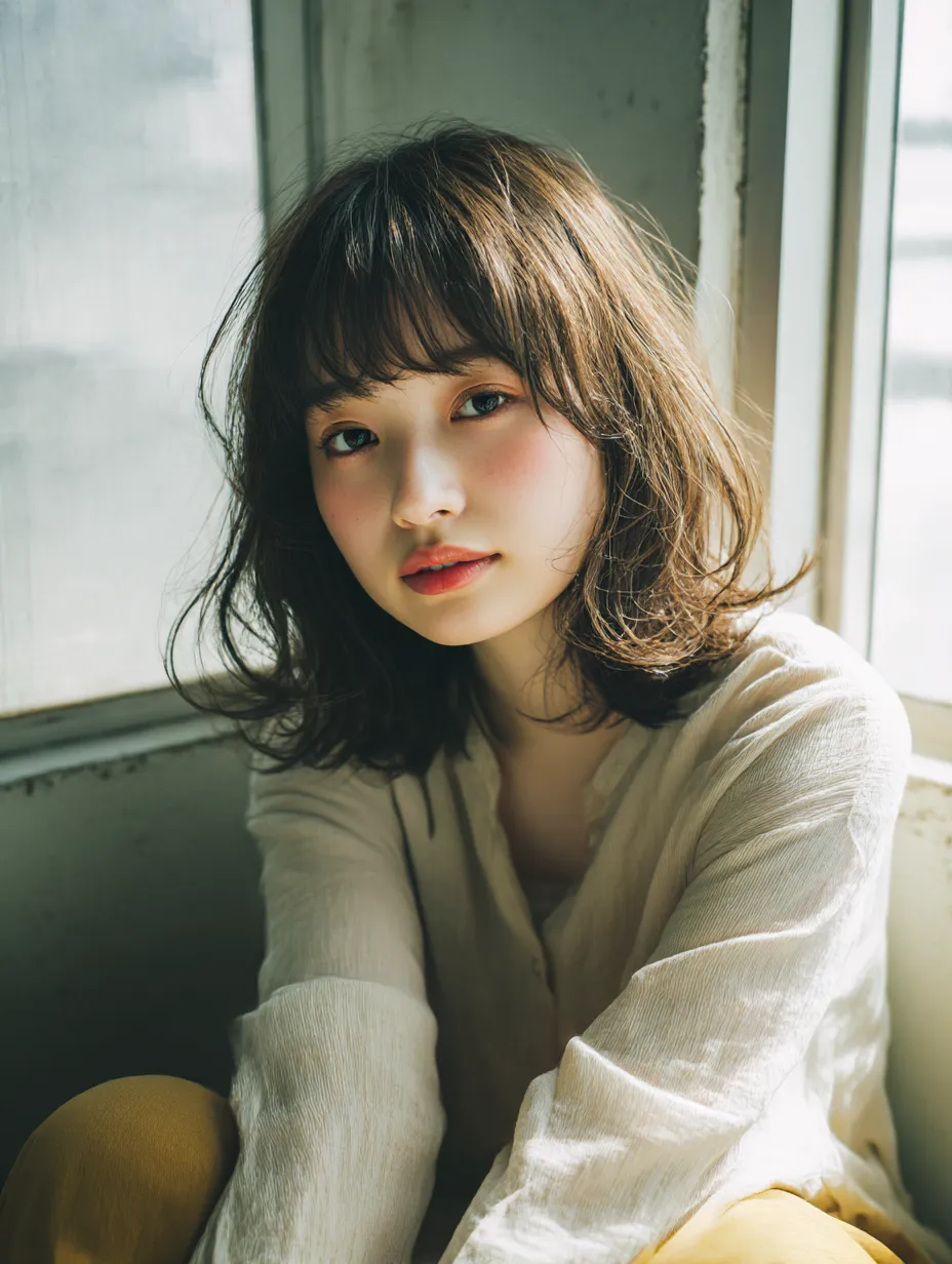 たぬき顔写真・やわらか窓辺ポートレート｜自然光が優しく差し込む窓際で撮影されたたぬき顔写真。やわらかい茶髪とナチュラルな服装が、素朴で落ち着いた印象を与える雰囲気の一枚。