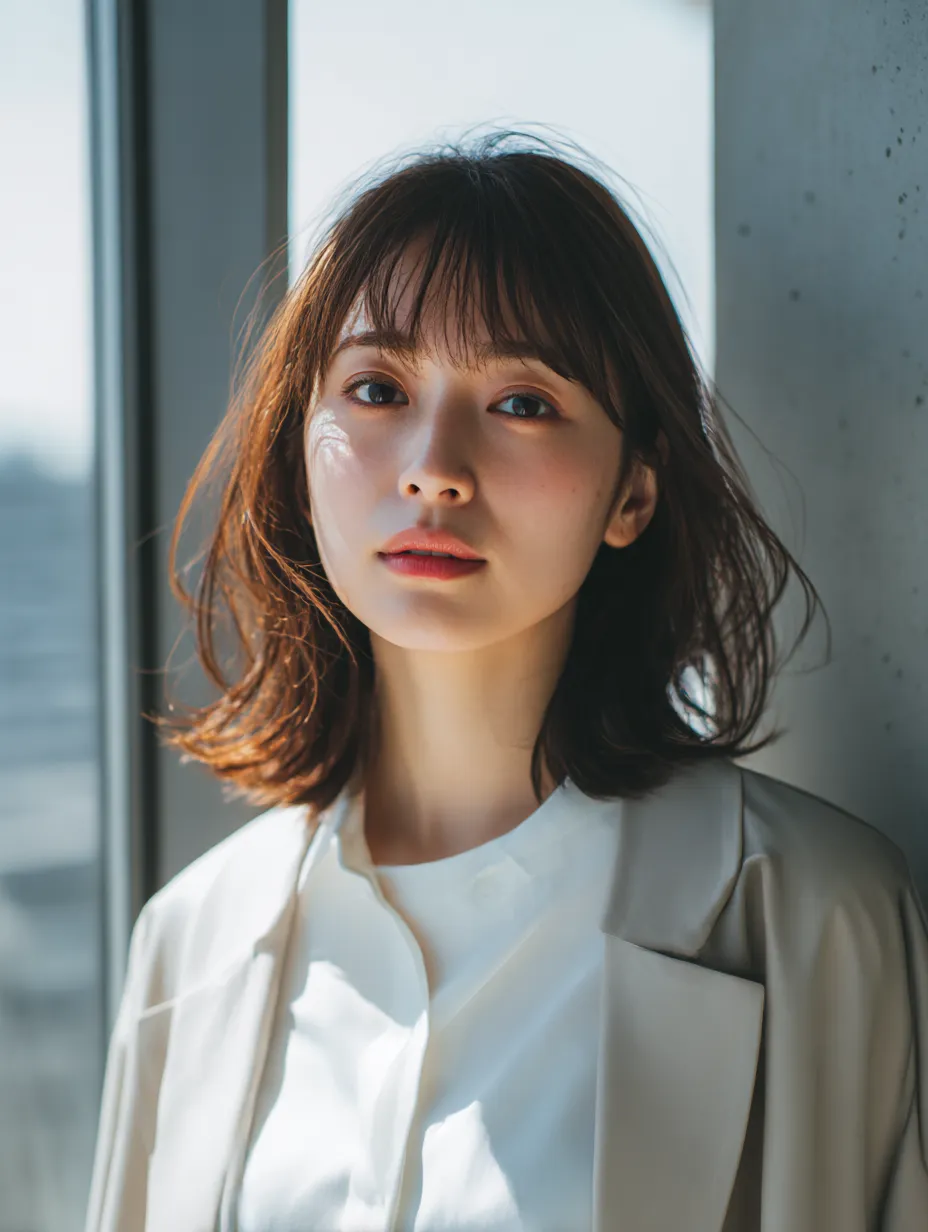 キツネ顔写真・光と影の知的ポートレート｜スタイリッシュな白の装いと都市的な背景が融合したキツネ顔写真。斜めから差す自然光と憂いを帯びた眼差しが、思慮深さと美しさを引き立てる。